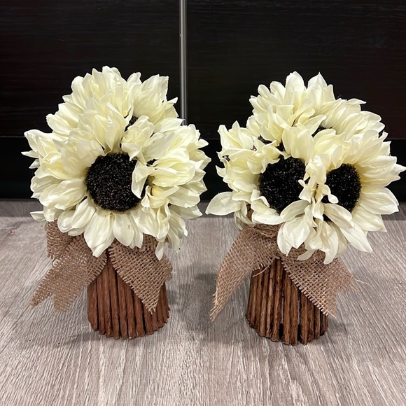 NEW! Two White Sunflowers Burlap wood vase Fall Floral Arrangements Centerpieces - Picture 1 of 6